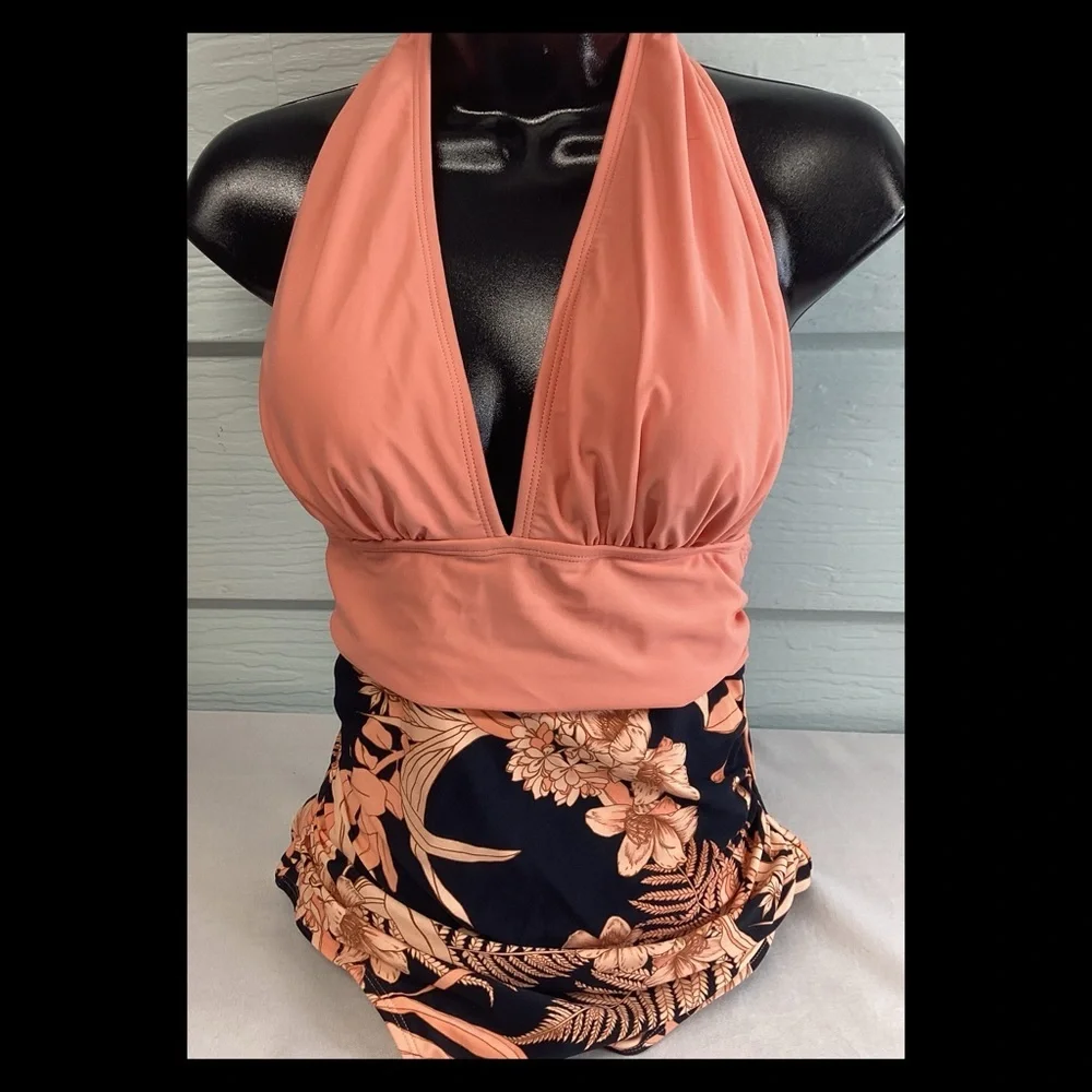 Peach top floral bottom one piece swimsuit.40-M/40-L - Picture 6 of 6